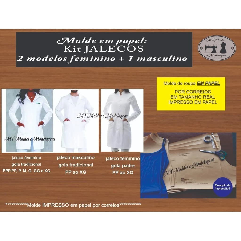 Kit 3 Molde Jalecos Feminino GOLA TRADICIONAL e GOLA PADRE + Jaleco Masculino Em Papel