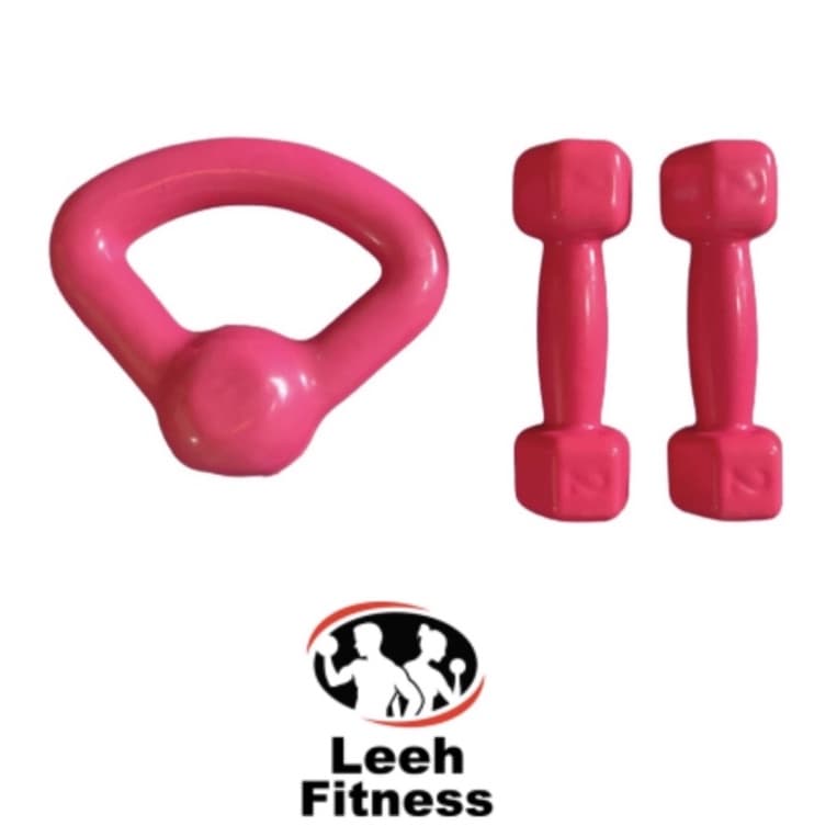 Kit par de halteres sextavado emborrachado 2kg + kettlebell 4kg rosa