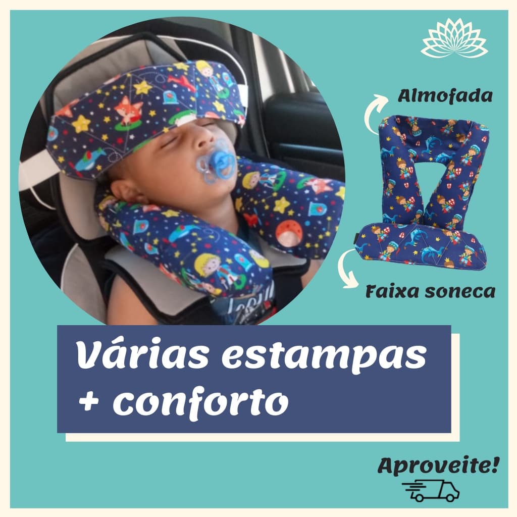 Kit almofada de pescoço infantil e faixa para testa em tecido 100%  algodão cadeirinha carro assento elevatório