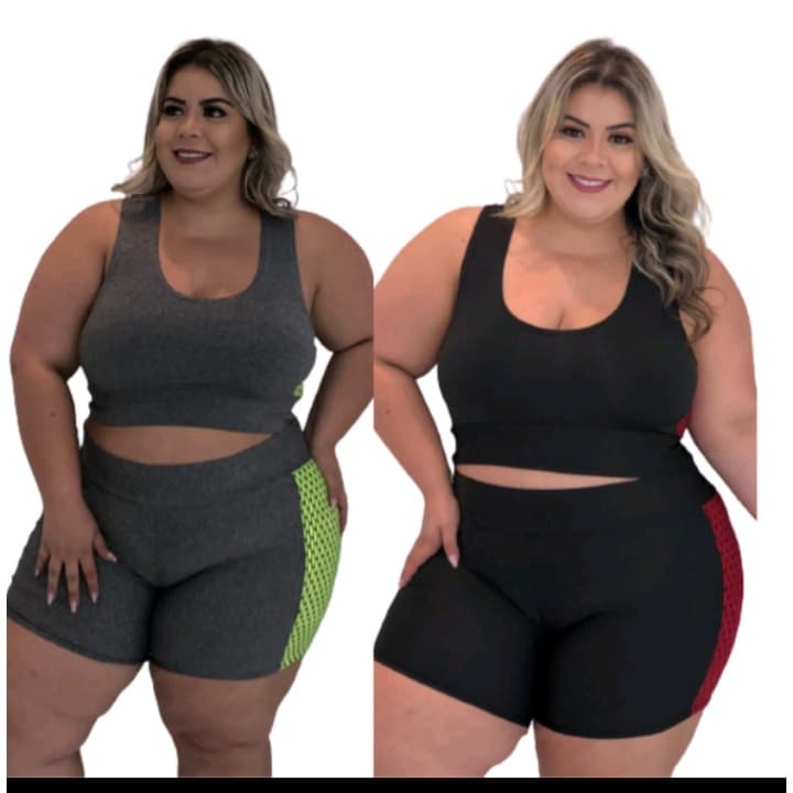 Conjunto Fitness Plus Size Feminino Suplex Academia Top e Short Preto ou Cinza Lateral Cores Sortidas Roupa Treino