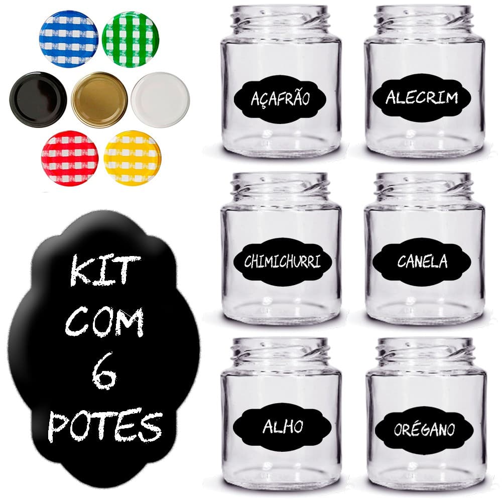 Pote Vidro Condimento Tempero 240ml  Kit Com 6 + Adesivos impressos (você escolhe os nomes)