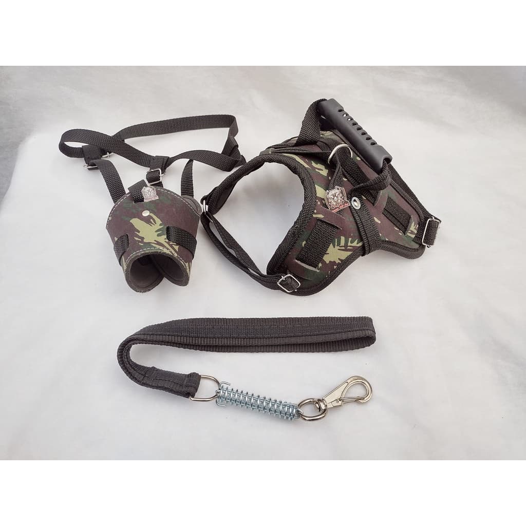 OFERTA!!! Kit Peitoral Com Alça e Guia + Focinheira Seguranca em Couro Sintético Cães Médio e Grade Porte Todas as Raças