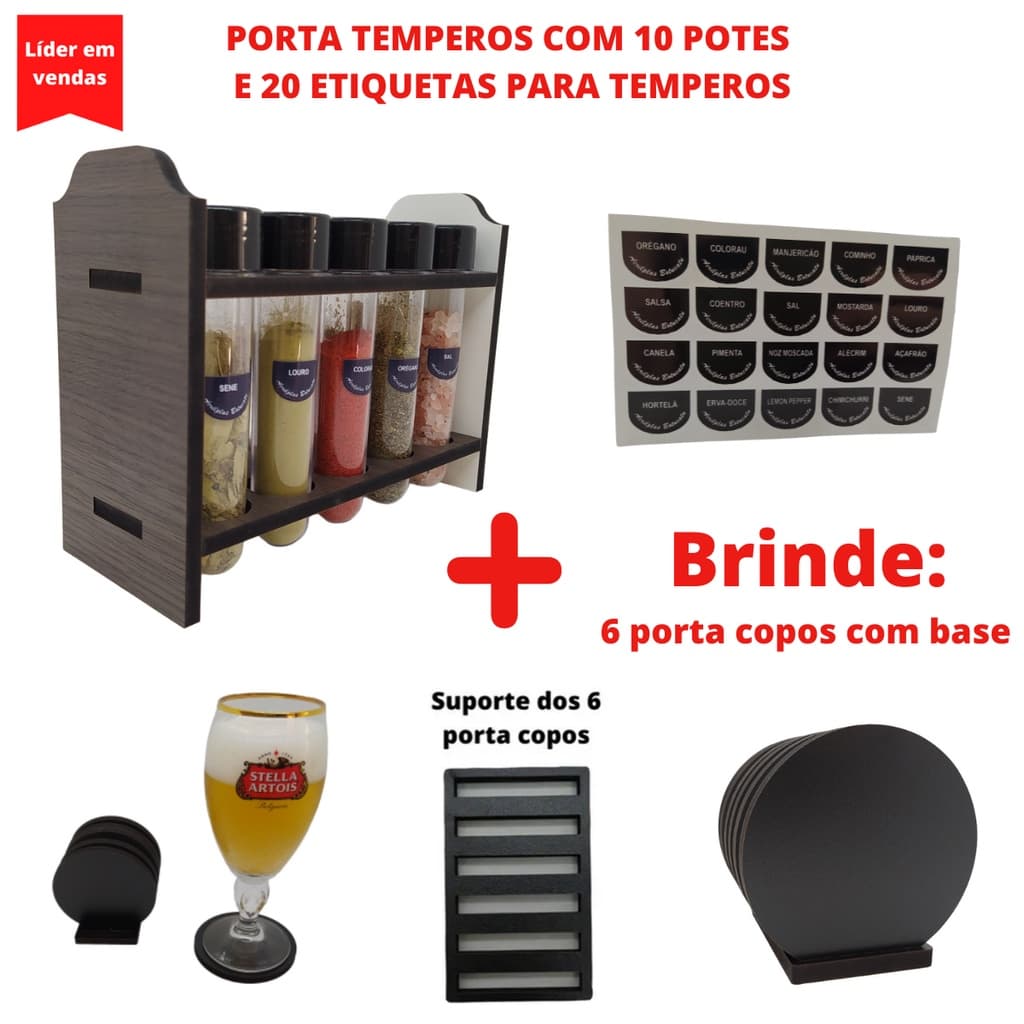 Porta temperos com 10 potes e 20 etiquetas adesivas  +  jogo de porta copos com suporte