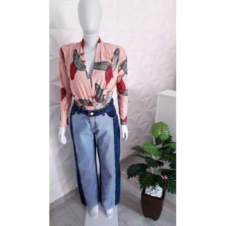 Look completo Calça Pantalona Calça jeans feminina calça Wide Leg + bory, kit combo
