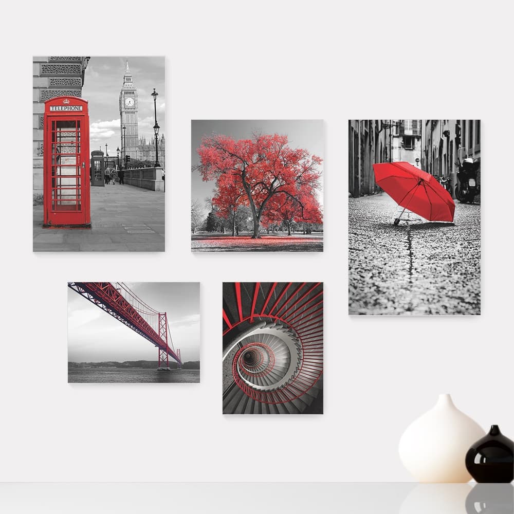 Kit 5 Quadros Decorativos Placas - Árvore - Cidade - Preto e Branco com Vermelho - Casa Quarto Sala - 293ktpl5