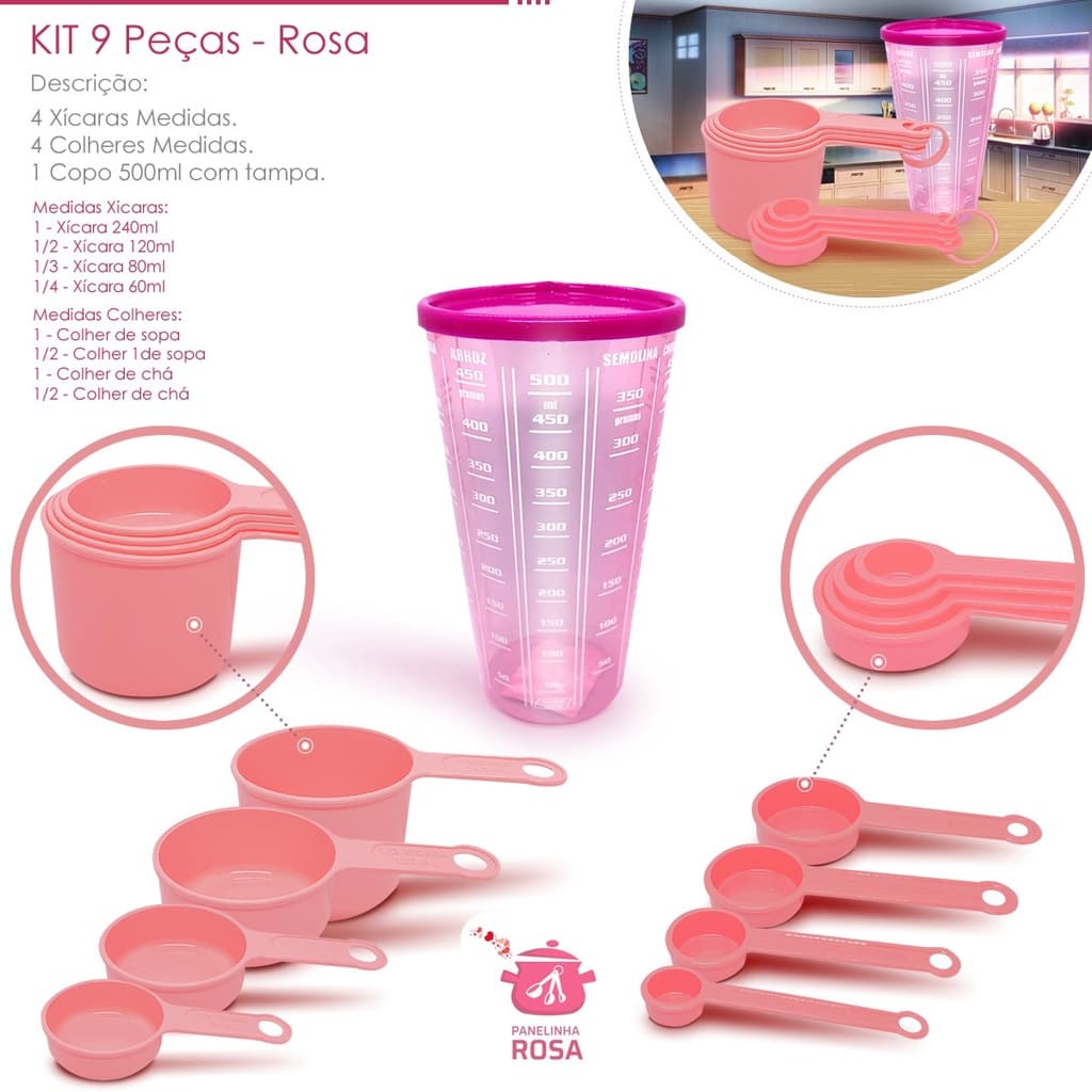 kit medidores 9 peças copo de 500 ml com tampa xicara e colheres rosa casa cozinha decoração e confeitaria