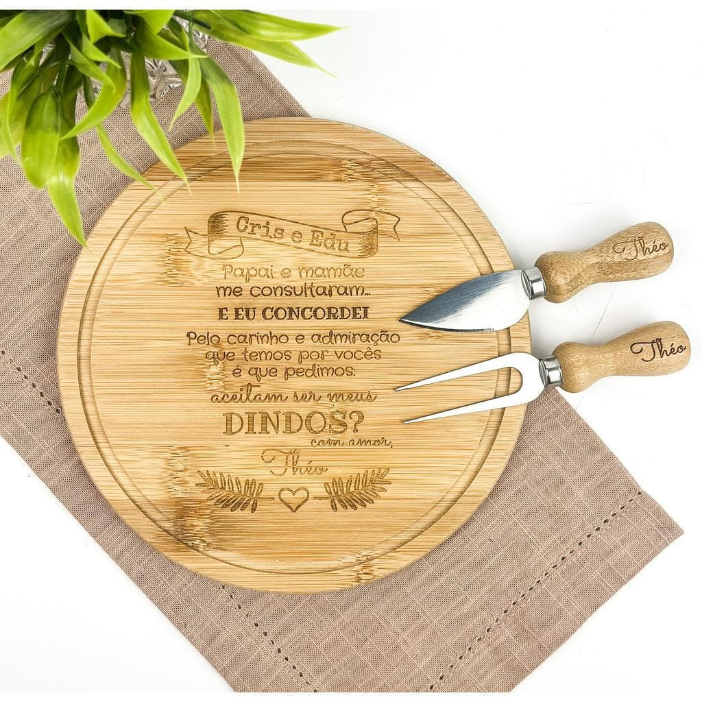 Convite para Padrinhos Personalizado Kit para queijo em Bambu/ Inox - 3 peças