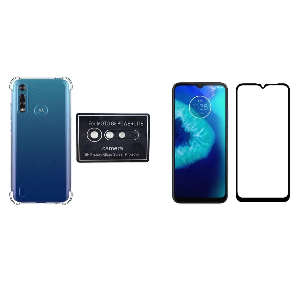 Kit Capa Reforçada Compativel Moto G8 Power Lite + Película De Vidro 3D 9D + Película Da Lente Câmera  Natsume