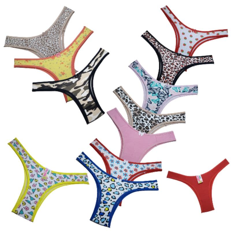 Calcinha 15 Unidades Modelo Tanga cores lisas/estampadas em algodão, envio imediato