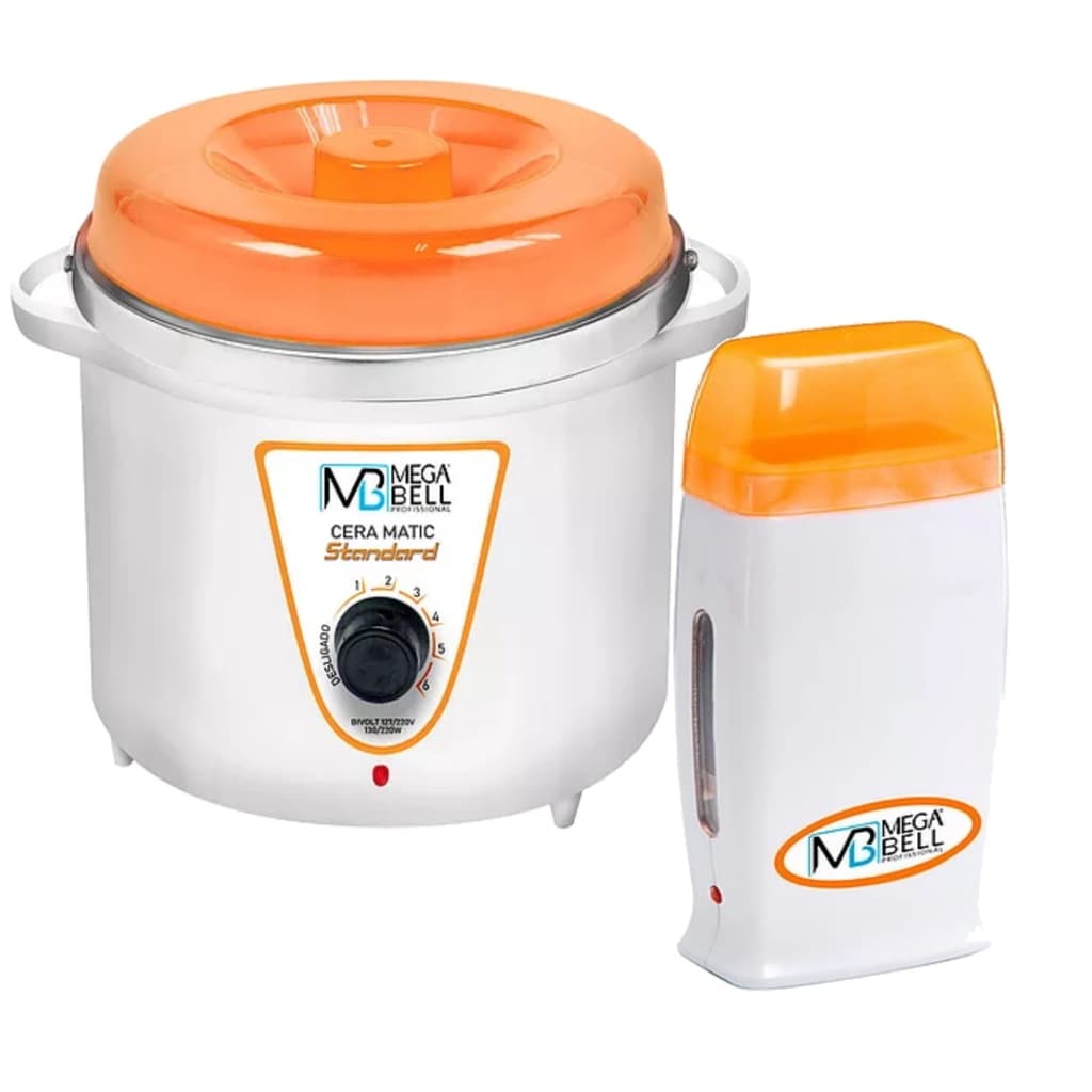 Kit Panela Depilação Termocera 700g Sem Refil Branca Com Laranja + Aquecedor de Cera Roll-on Laranja