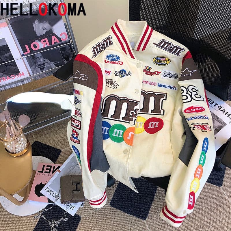 m & American Retro Bordado Jaqueta Fina Outono Solta Versátil De Beisebol Oversize Feminina