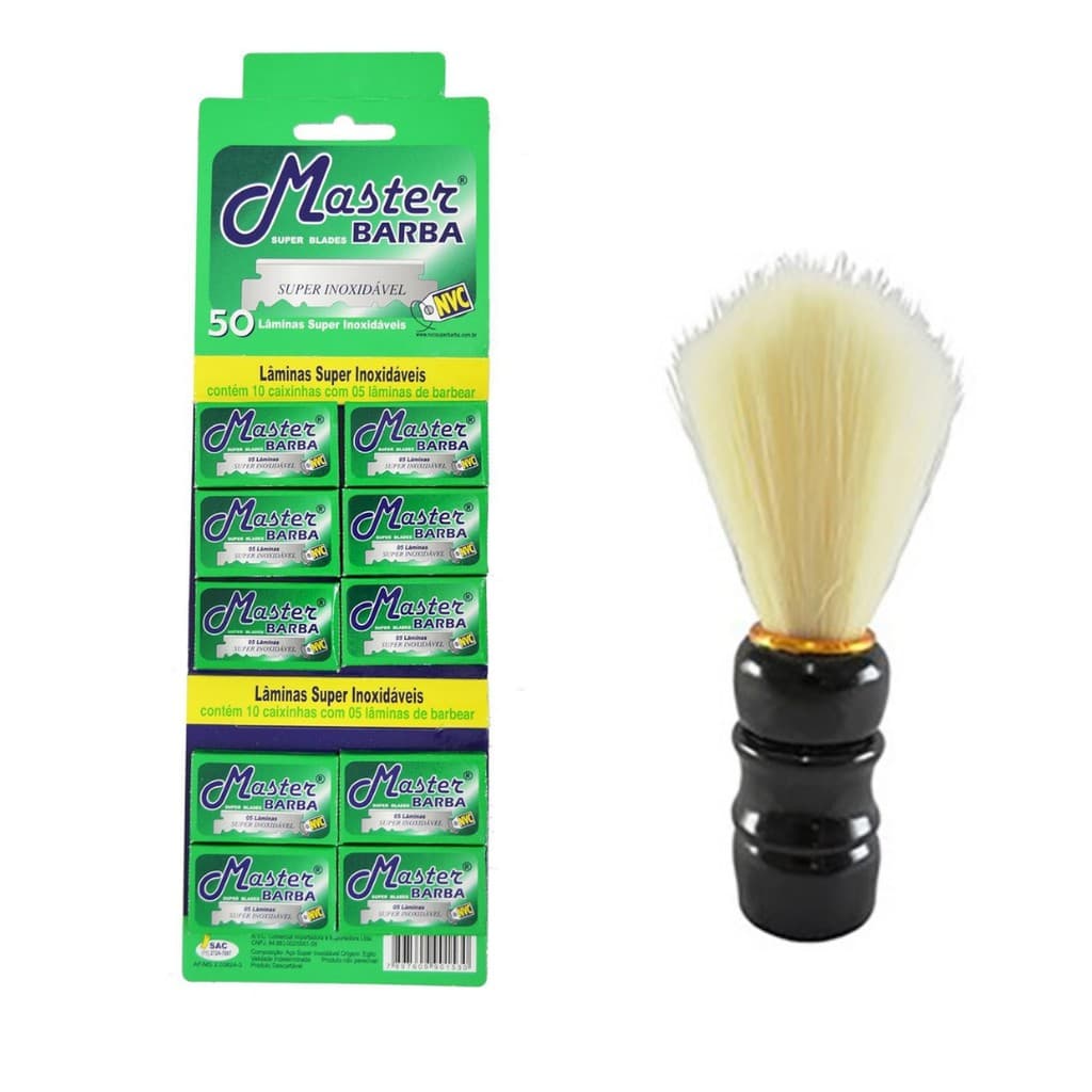 Lâmina De Barbear Inox Master Barba 50 Pçs + Pincel de barbear com cerdas sintéticas