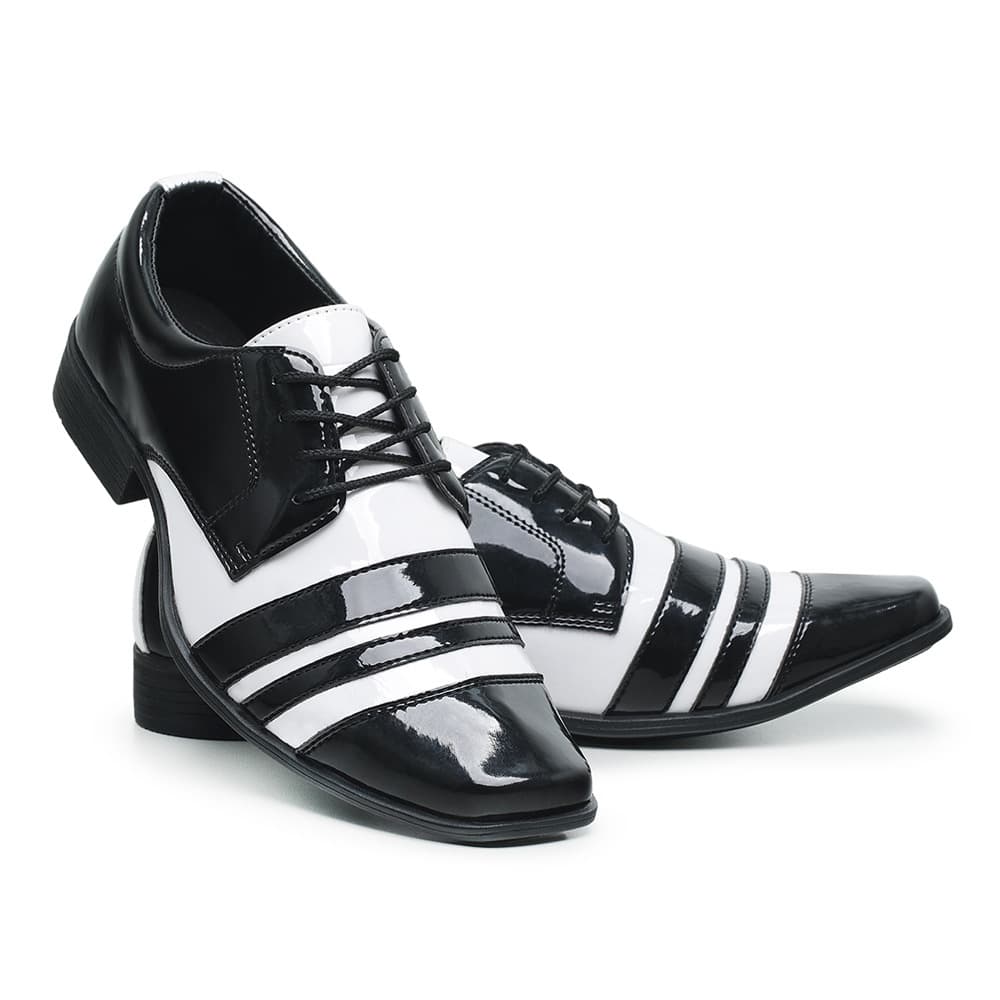 Sapato Social Masculino Italiano 840 Preto Branco Conforto Casual Verniz Brilho Moderno Casamento
