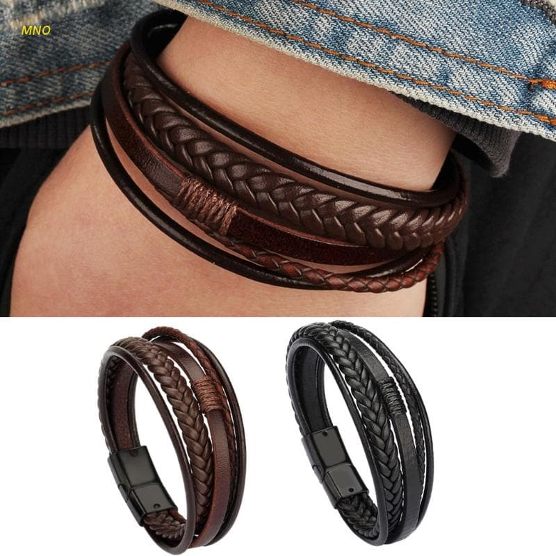 Pulseira Masculina Couro Trançado Multicamadas Fecho
