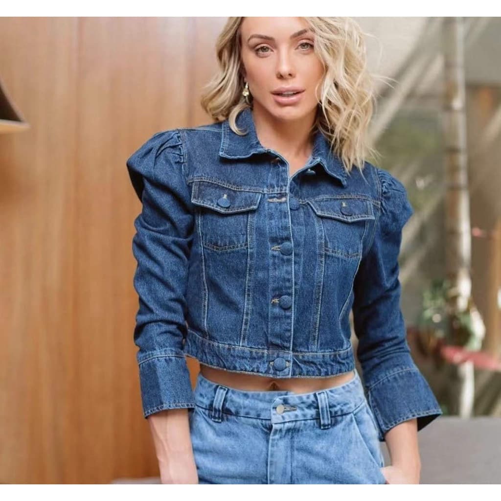 Jaqueta Cropped Jeans Feminina  Manga pouco bufante