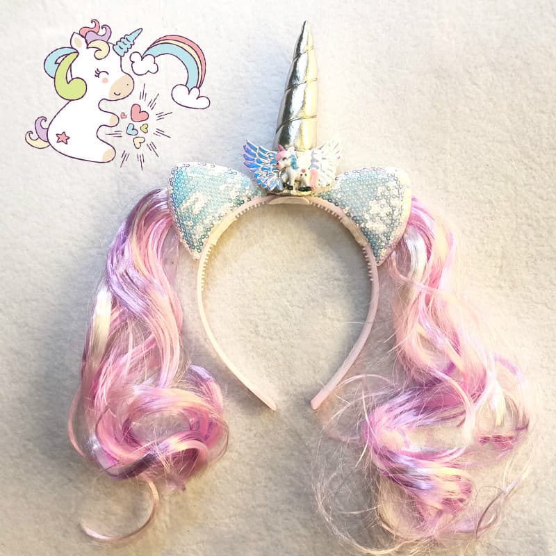 (Kt) Novo Unicórnio Cabeça Peruca Cocar Duplo Caval @ @ Inho Bonito Menina Hairband Princesa Brilhante Orelha De Gato De Prata Faixa De Cabelo Peruca Rosa