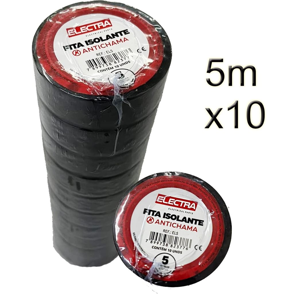 Fita isolante 5 metros - 10 unidades. Rolos de 5m Antichama