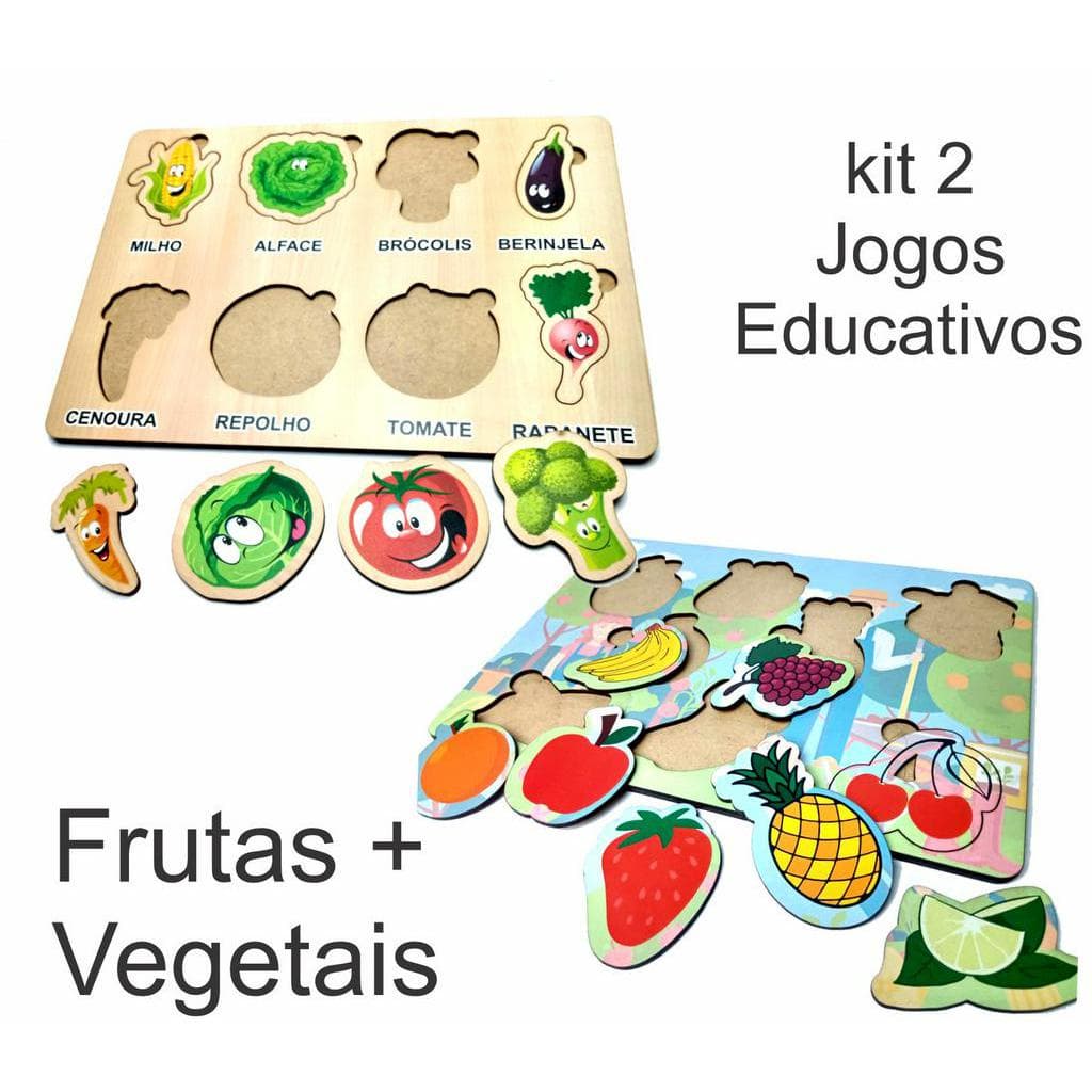 Kit 2 Brinquedos Madeira Jogo Educativo Vegetais Frutas