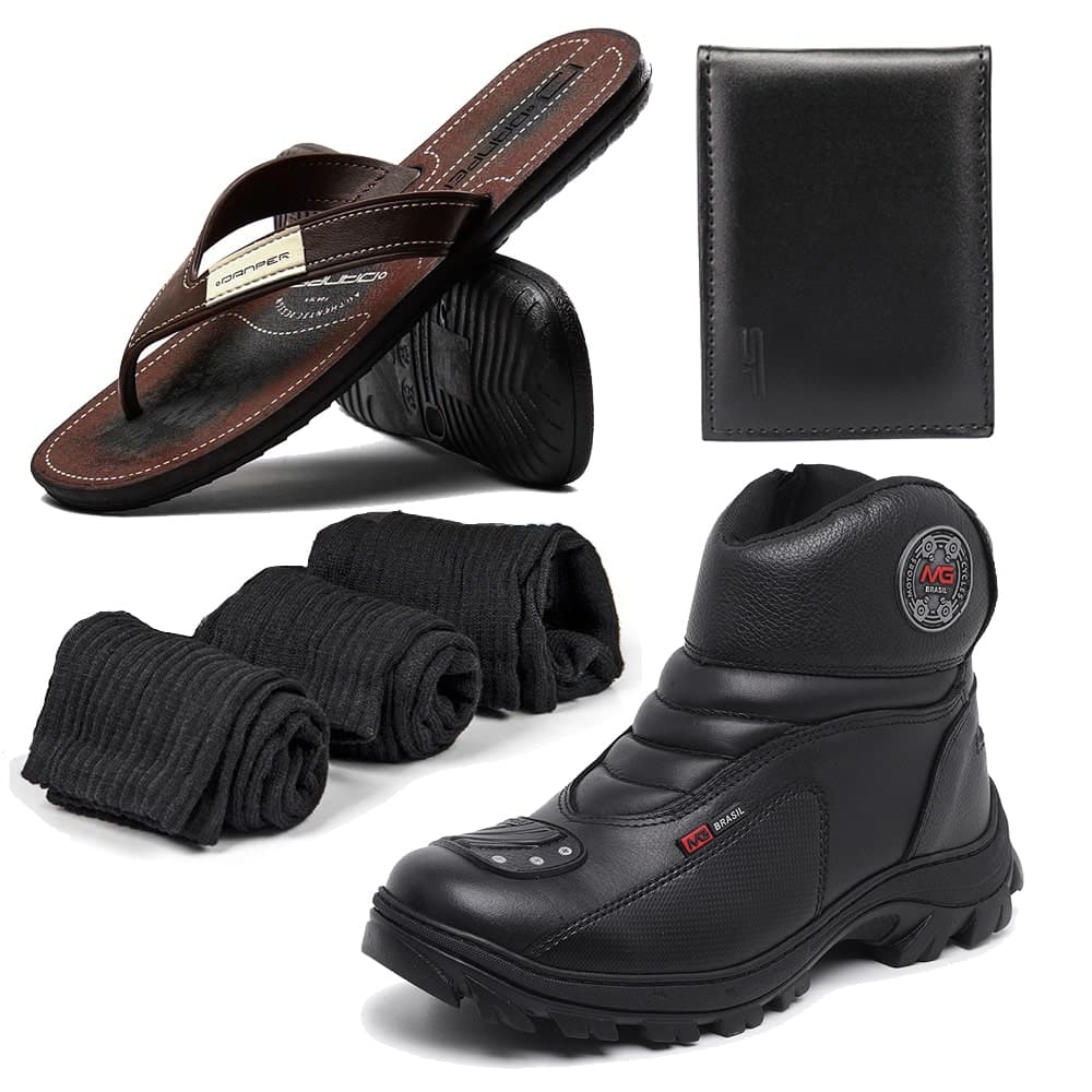 Kit Bota Couro Motociclista Adventure Shadow com Chinelo Carteira e 3 meias Masculino