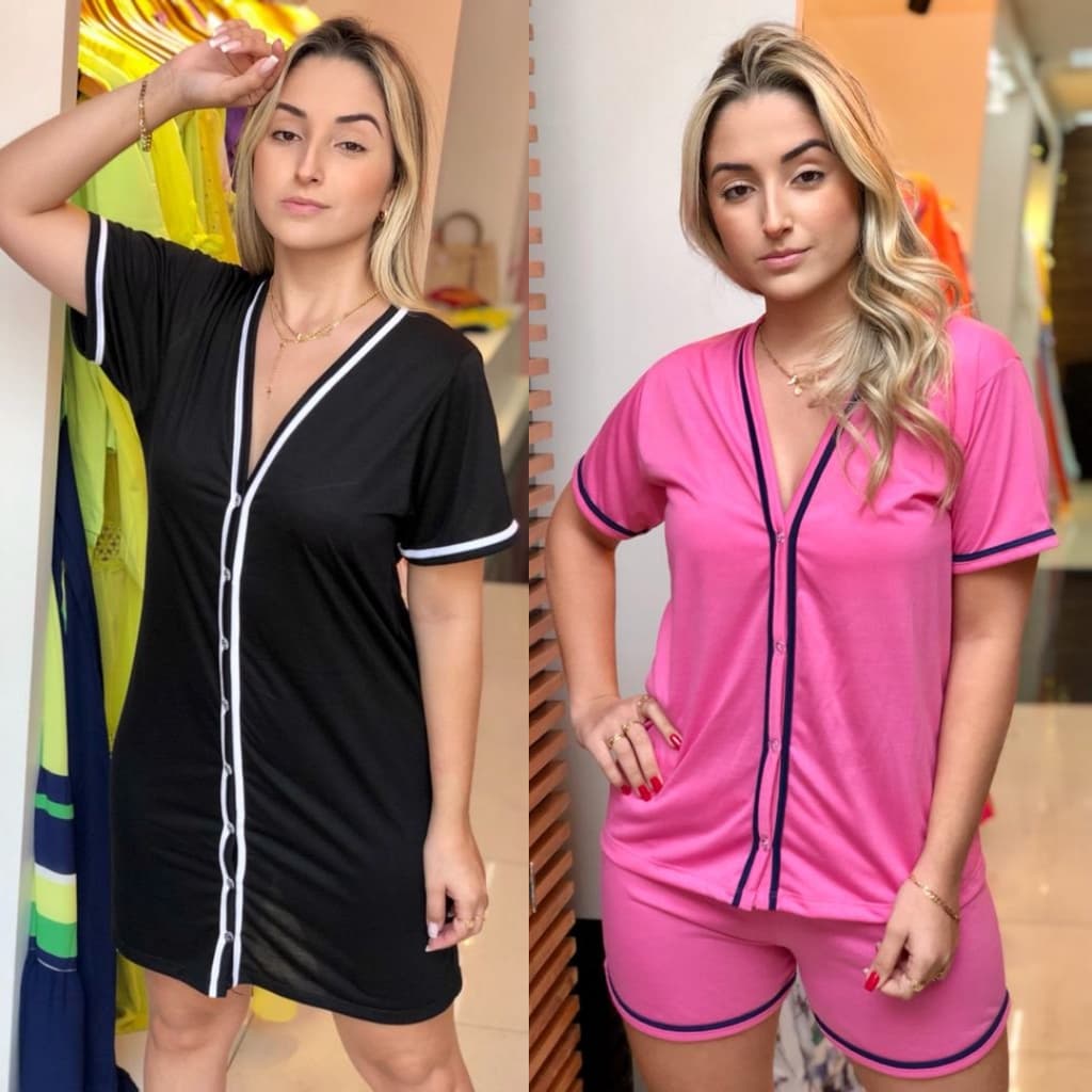 Kit Pijama e Camisola Aberta com Botões baby doll Americano Blogueira Gestação Amamentação Cirurgico