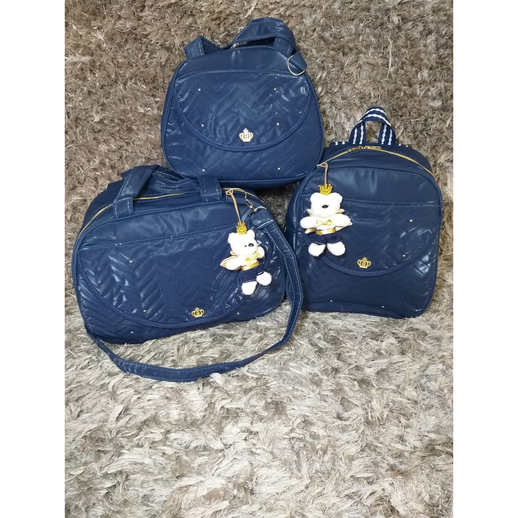 Kit Bolsa de maternidade / bebê Azul marinho coroa realeza Bolsa G, Bolsa M e mochila 3 peças