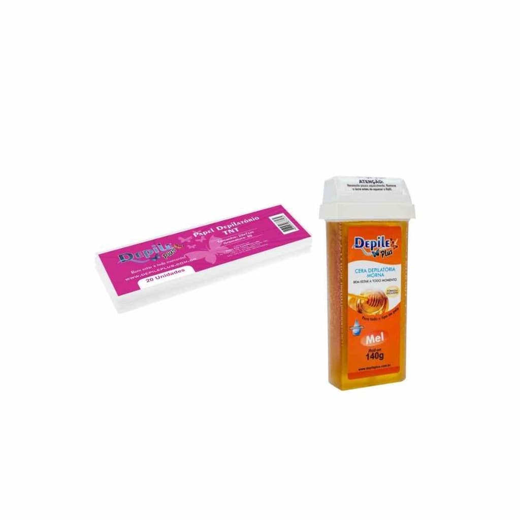 Kit Papel p/ Depilação TNT Depile Plus Gramatura 80 - 22x7cm + Cera Depilatória Roll On Depile Plus Mel