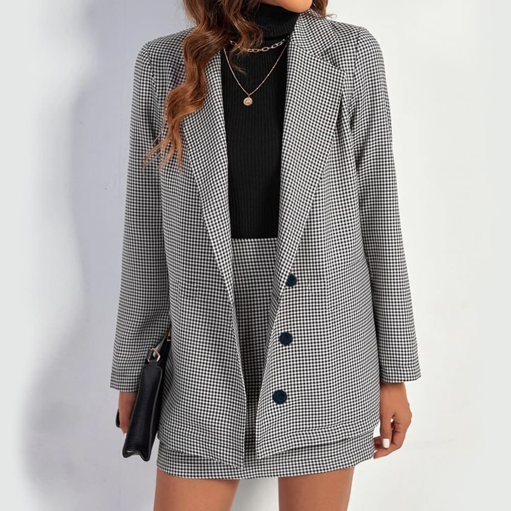 Conjunto Blazer E Saia Feminino Alongado Jaqueta - Xadrez
