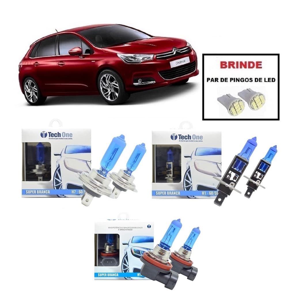 Kit 6 Lampadas Super Branca para Farol Alto / Baixo e Milha com 6000K para Citroen C4 Hatch Selecione Modelo do Farol de Milhas