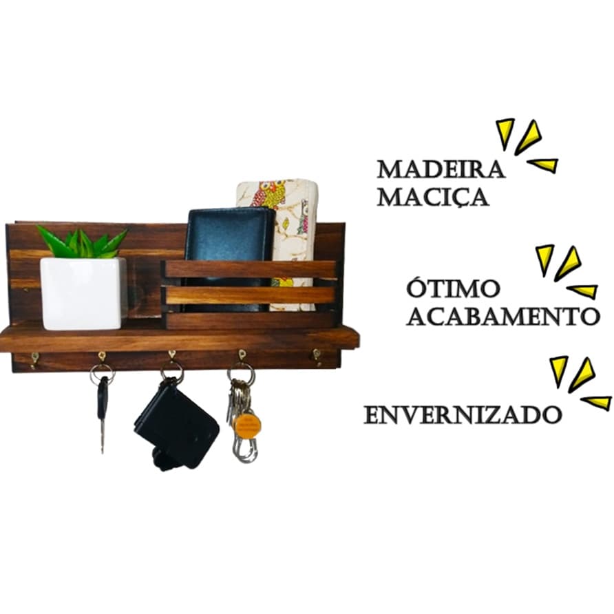 Suporte de Madeira com Prateleira e 5 Ganchos Porta Chaves Carteira Cartas