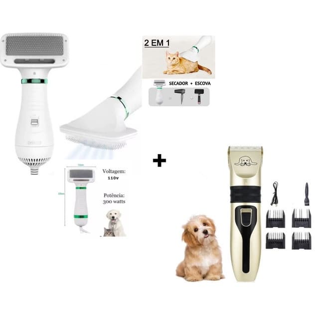 ESCOVA SECADORA PET TOSA + MAQUINA DE TOSA PETS CÃES E GATO KIT