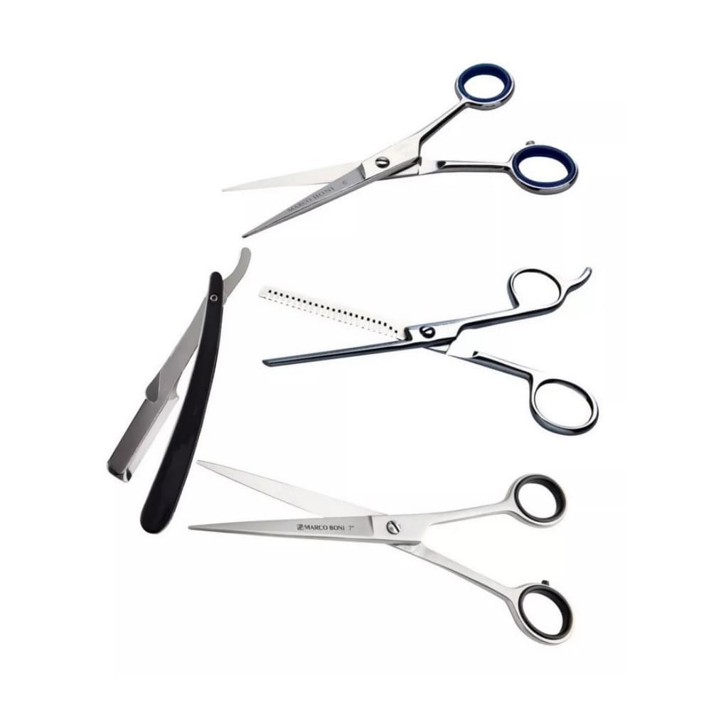 Kit com 3 Tesouras Profissionais  Fio Laser Fio Liso Desfiadeira e Navalhete inox cabo plástico