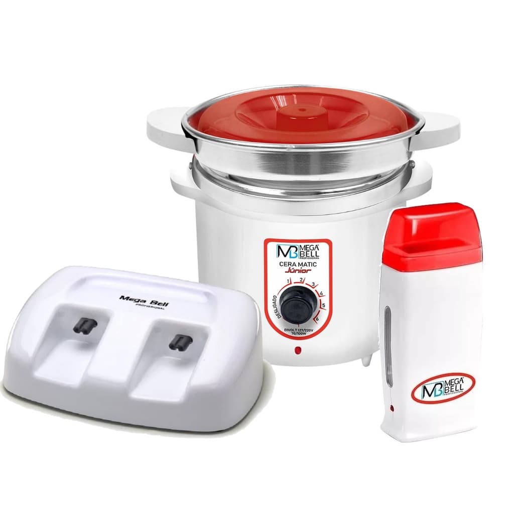 Termocera Panela Depilação 400g c/ Refil + Base Dupla c/ 1 Rollon Branco c/ Vermelho Mega Bell
