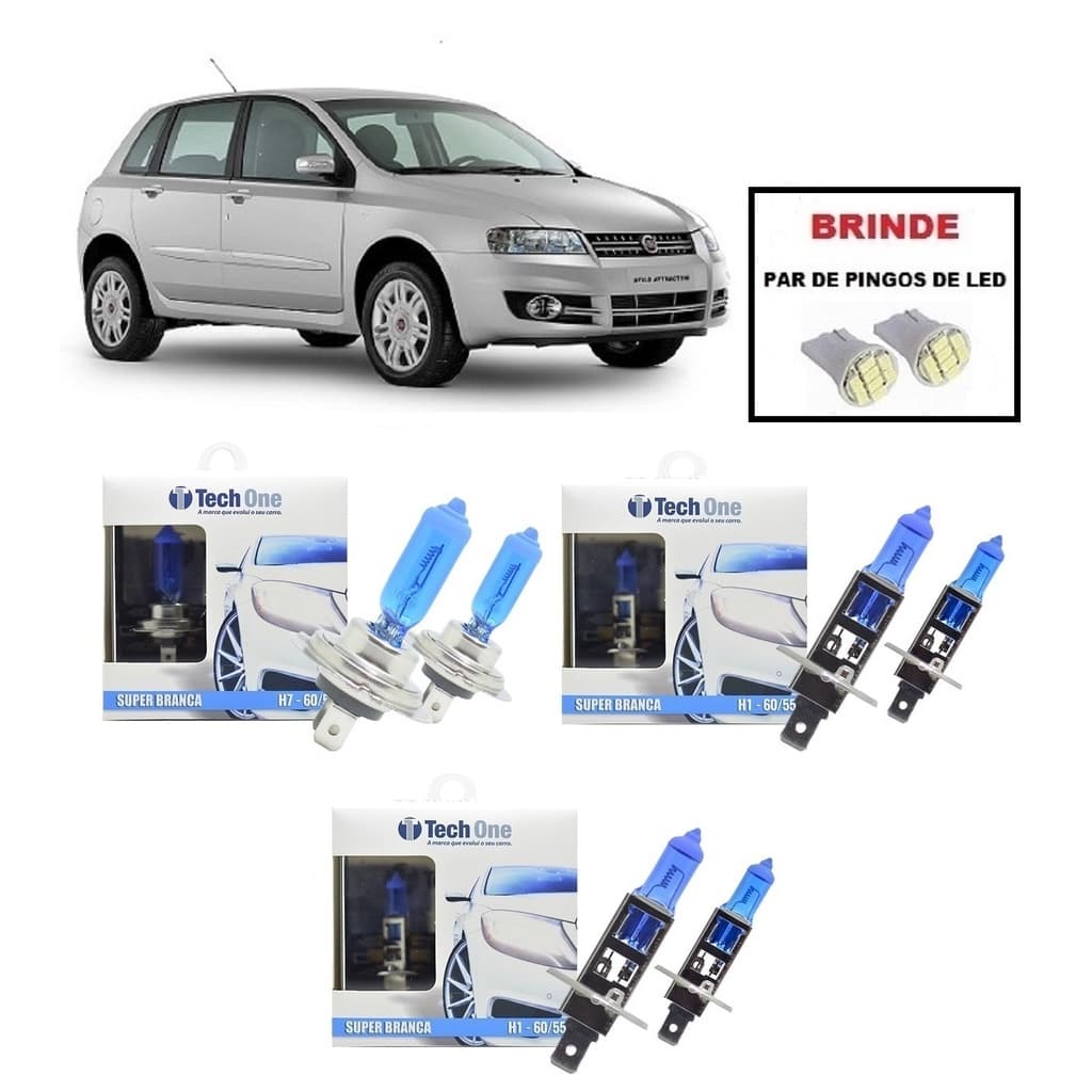 Kit 6 Lampadas Super Brancas para Farol Alto / Baixo e Milha com 8500 Kelvins para Fiat Stilo Selecione Modelo do Farol