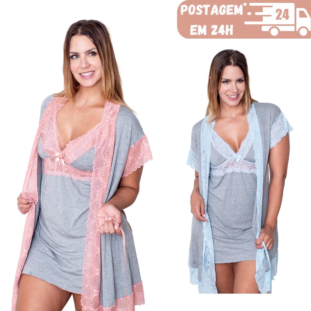 Kit Camisola Amamentação com Robe Gestante Saída de Maternidade