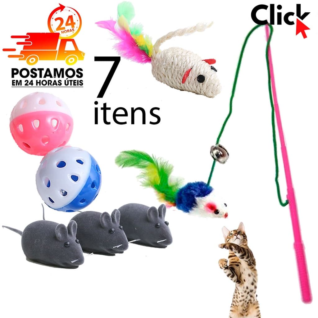 Brinquedo para Gato 7 peças Interativo Bola Guizo Varinha Pet Ratinho Sonoro Kit Interativo para Gatos