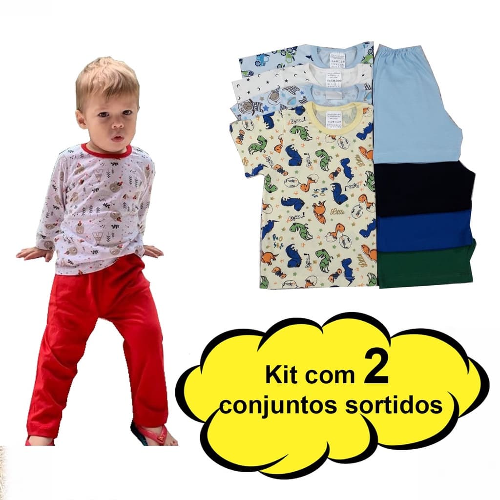 Kit 2 Pijama Manga Longa e Calça Criança Bebê Menino Menina