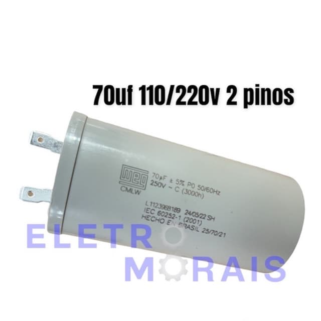 Capacitor permanente de partida 70uf x 250vac com dois pinos Weg para máquinas 110v ou 220v