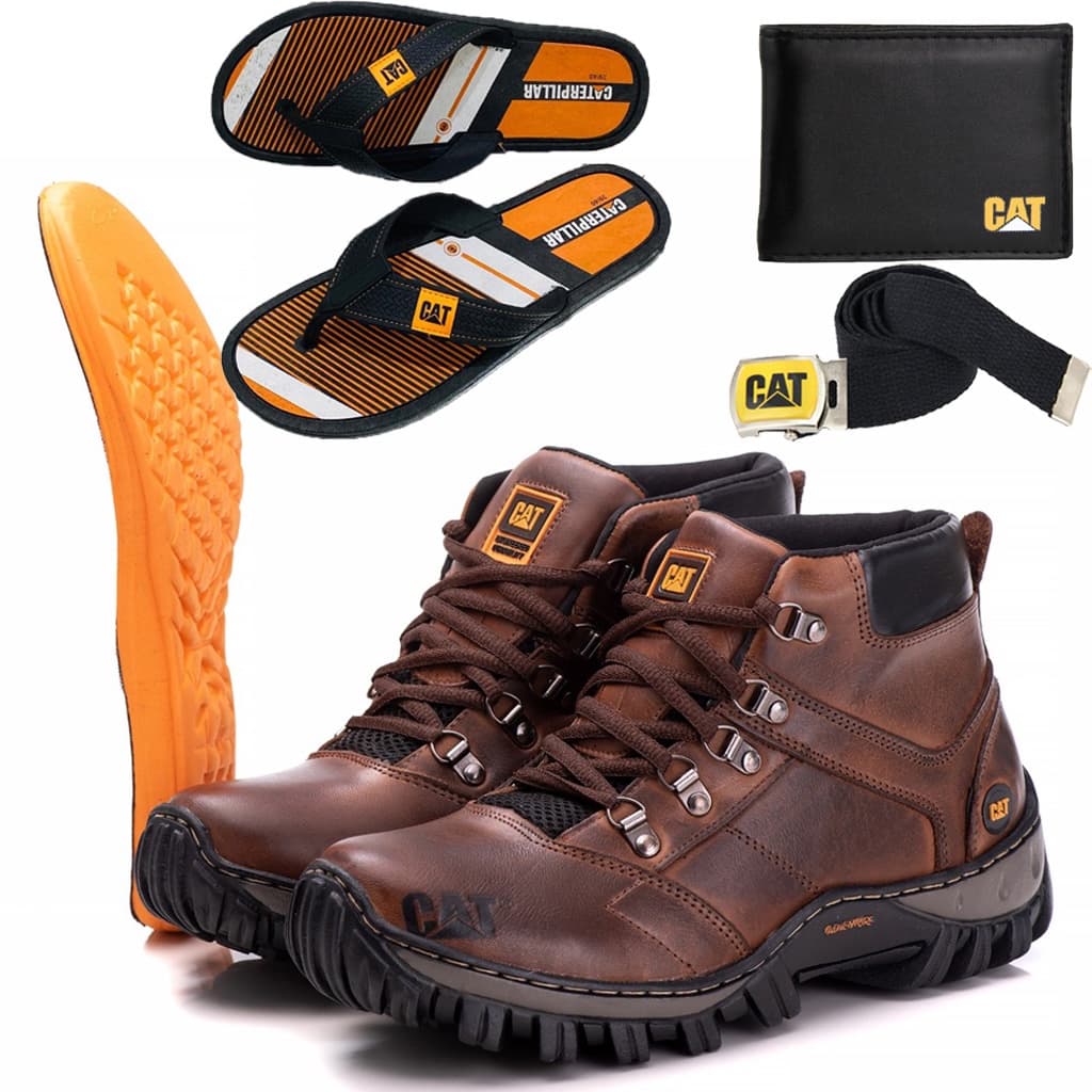 Kit Bota Caterpillar Masculina Em Couro + Cinto + Chinelo Caterpillar de Dedo  + Carteira Macio Confortável Envio Imediato