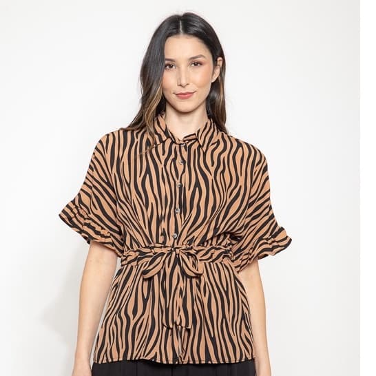 Blusa Feminina Camisa Listrada Estilo Zebra Com Manga Curta Com Cinto