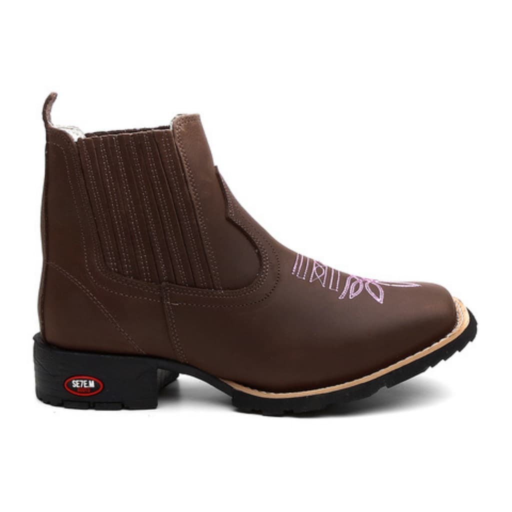 Bota Feminina Cano Curto Botina De Couro Bruta Bordado