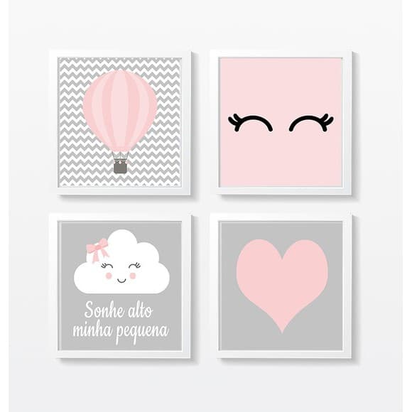 Kit Placas Quadrinho MDF Decoração Quarto menina 4 peças Balão Nuvem Coração Rosa Full HD