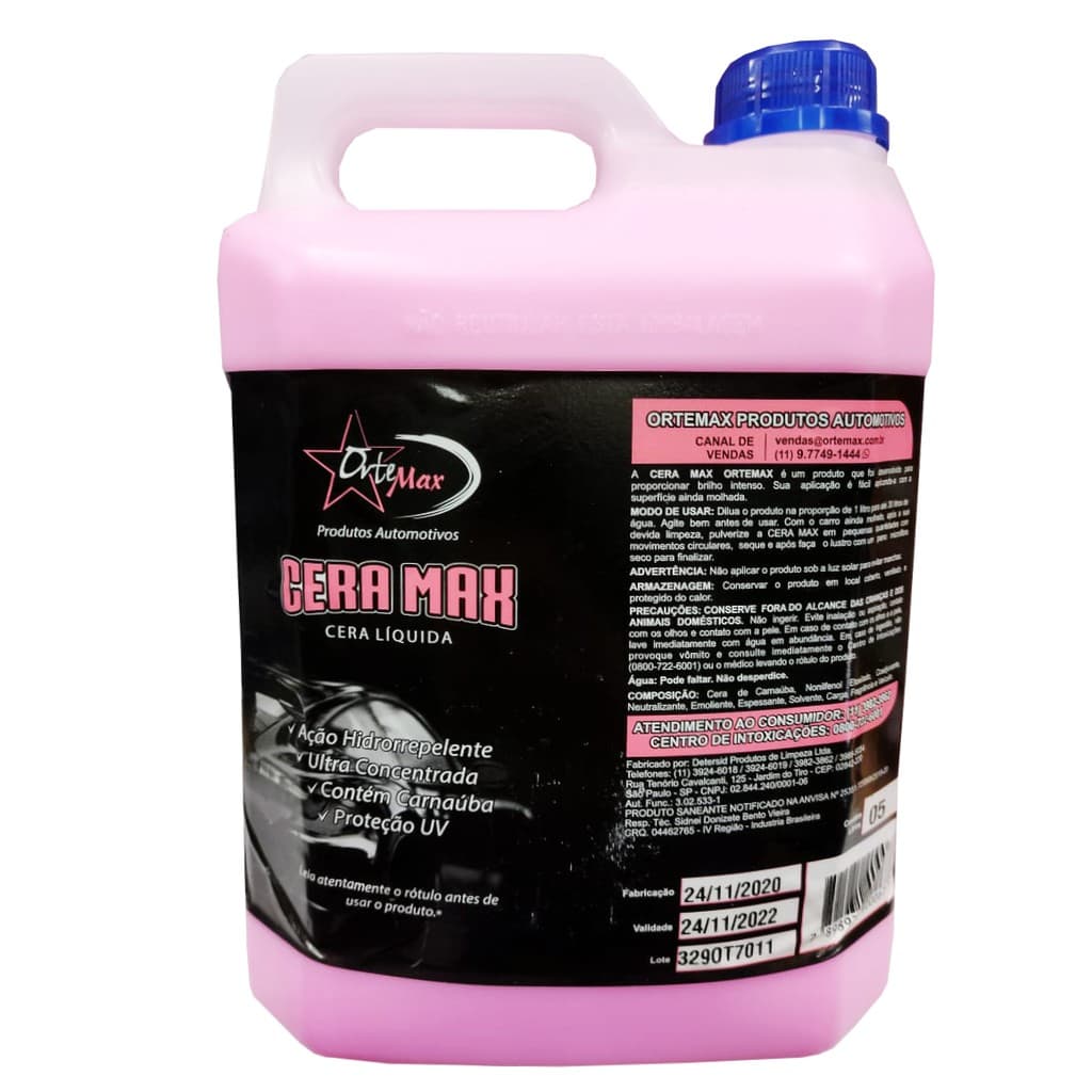 Cera Liquida Automotiva pós Lavagem Cera Max Top 5 Litros 1:30 - Ortemax 5L