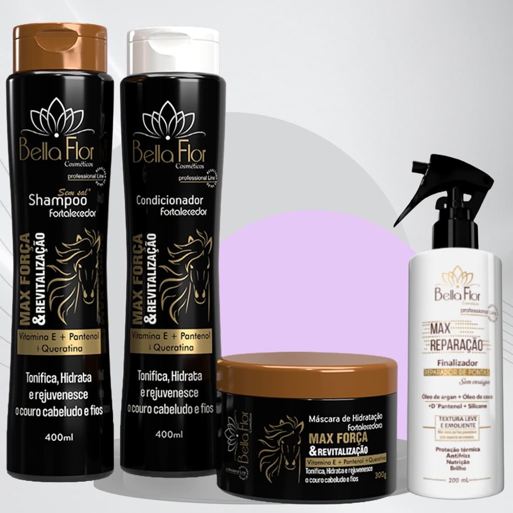 Kit Capilar Max Força + Max Reparação 4 Produtos Bella Flor Fortalecimento Brilho Profissional