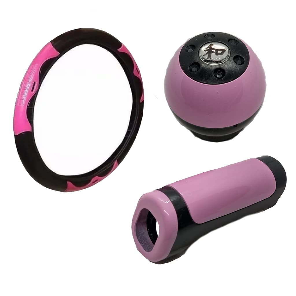 Kit Capa de Volante Manopla Bola De Cambio Freio de mão Carro Rosa Preto Anel de ré
