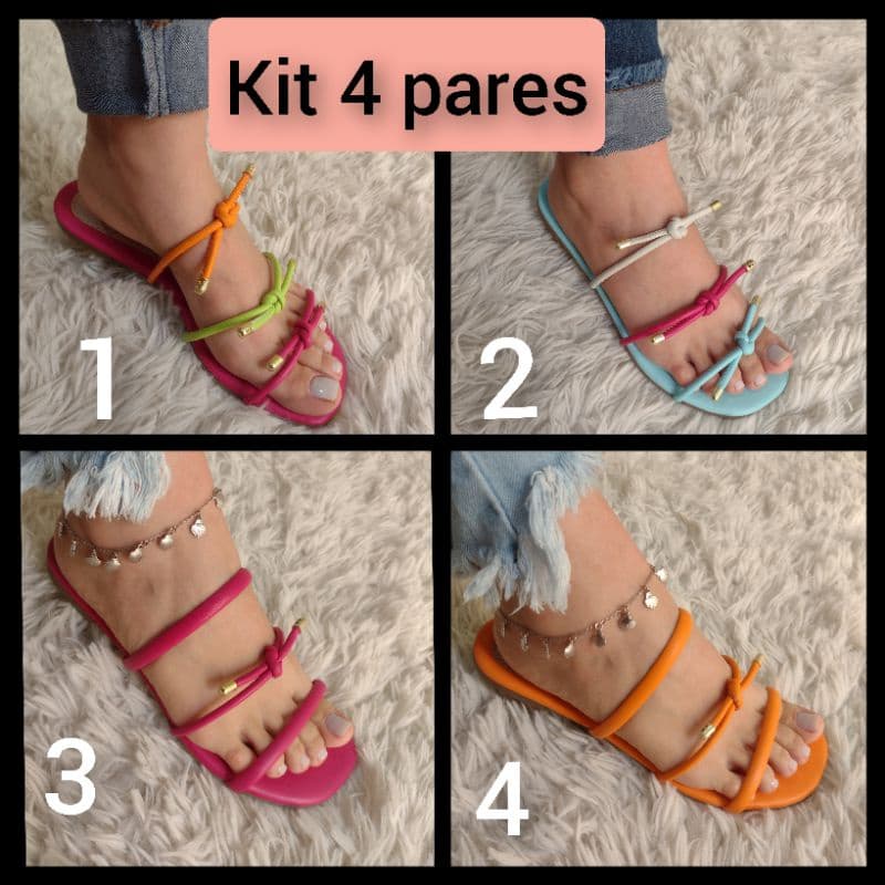 Kit Sandálias Rasteirinhas Tiras Coloridas Moda