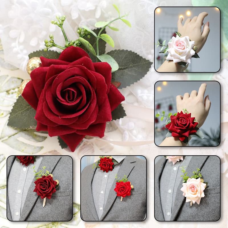 Noivo De Casamento Vermelho Rosa De Seda Boutonniere Espartilho De Pulso De Noiva Alta Qualidade Homem Camisa De Fato Broche Mulher Flor De Mão