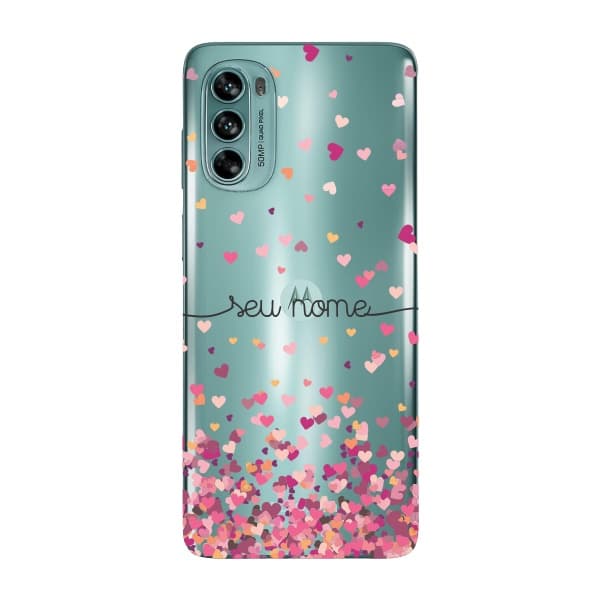 Capinha para Moto G62 Anti Impacto Personalizada - Chuva de corações rosa com nome