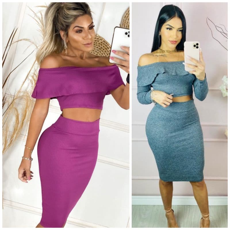 Conjunto Midi Cropped Babado + Saia Lançamento Canelado Moda Blogueira Tendência Tumblr Verão 2021