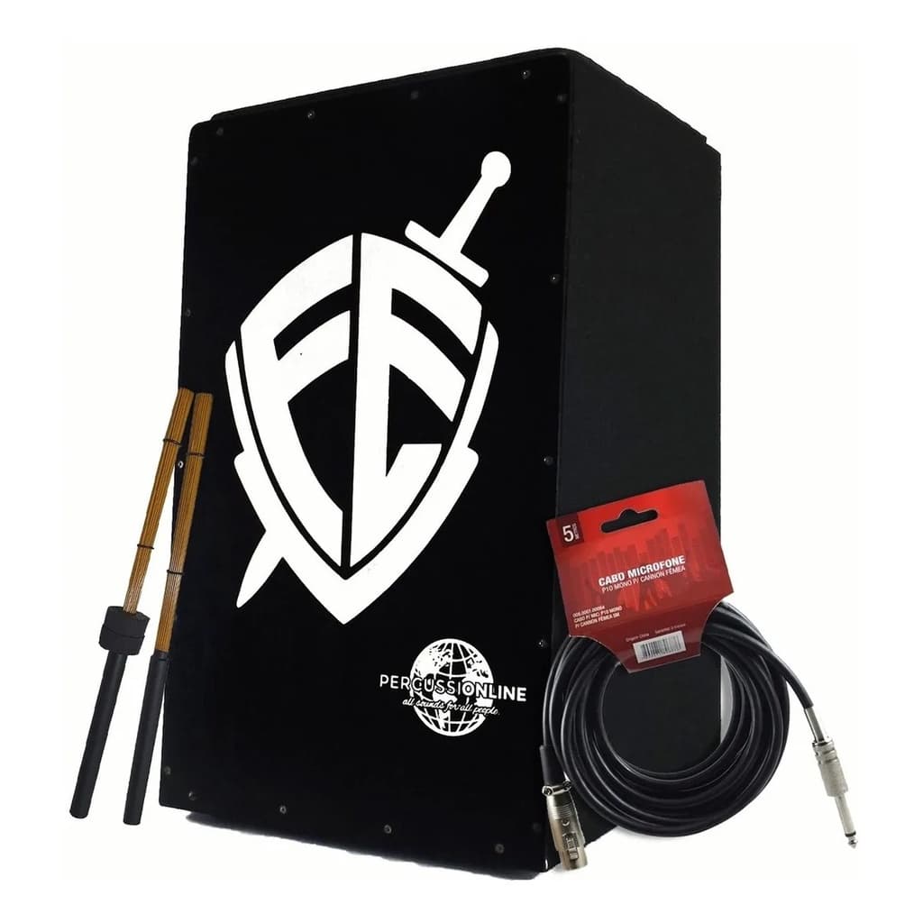 Cajon Elétrico Fé Escudo Percussionline + Cabo+ Vassourinhas