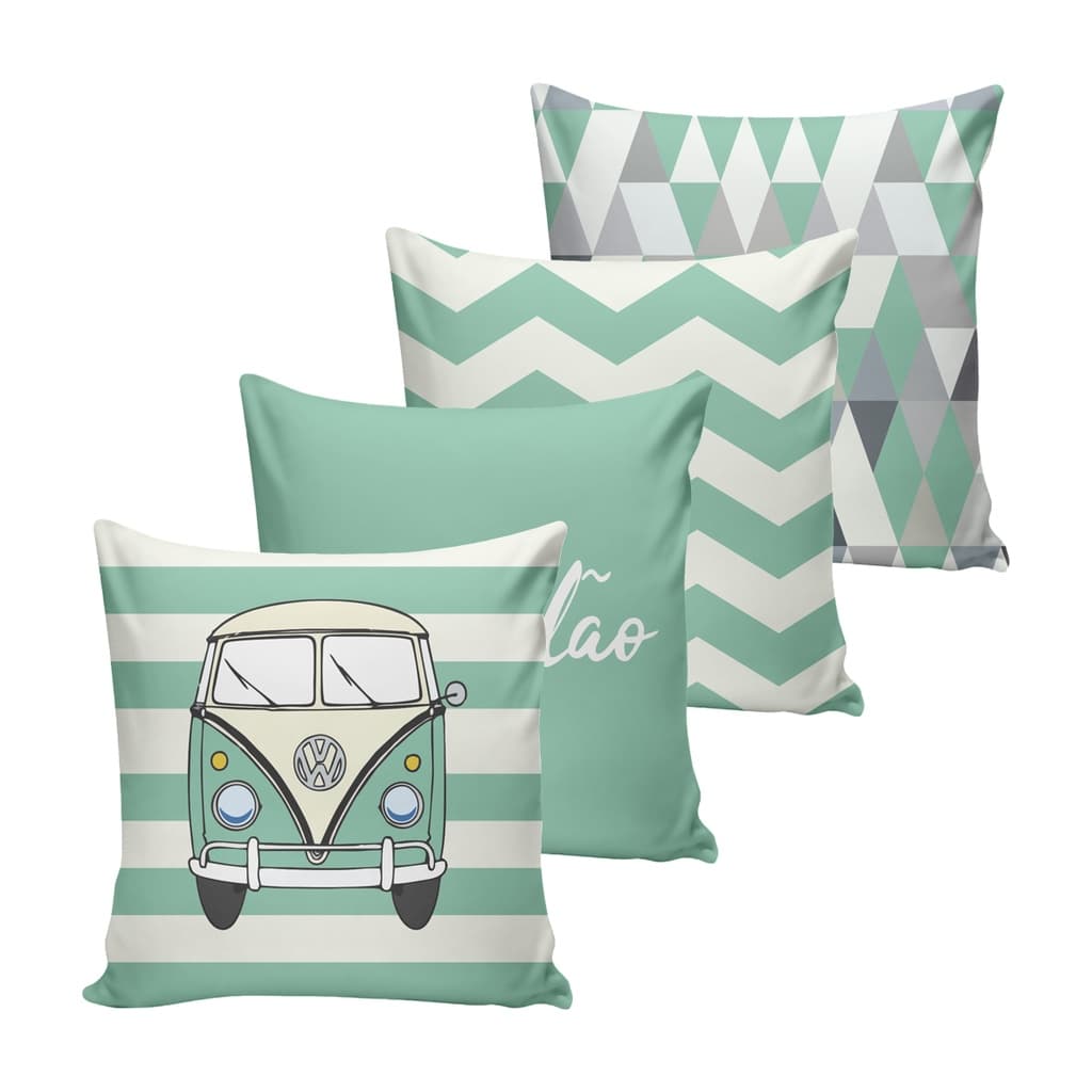 Kit com 04 Capas Para Almofada Kombi Estampada com zíper - 40cm x 40cm - Decoração Sofá ou Cama